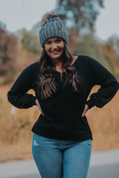 Black Ribbed Knit V Neck Long Sleeve Top In Regular & Curvy