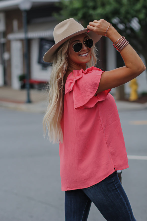 Coral Solid Ruffle One Shoulder Top in Regular & Curvy