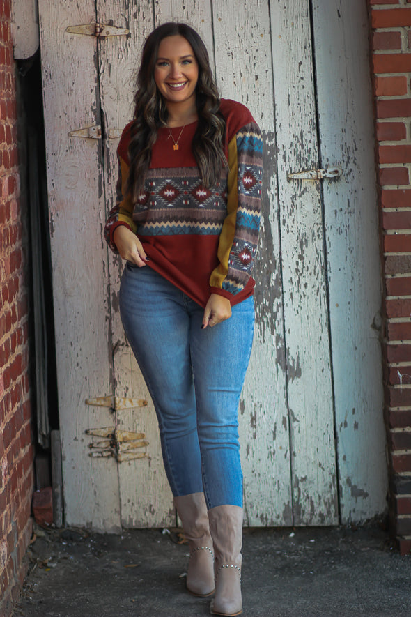 Rust & Aztec Colorblock Brushed Knit Top