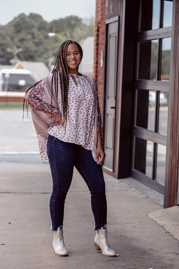 Mauve & Ivory Contrast Dolman Sleeve Tie Front Top