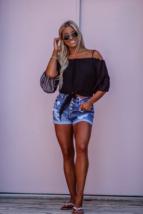 Black Woven Off Shoulder Tie Front Blouse