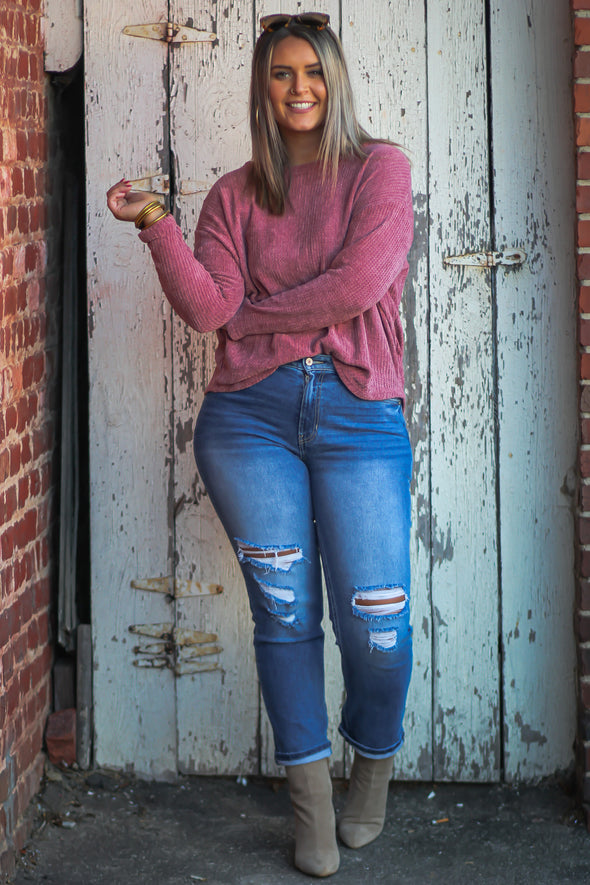 Mauve Chenille Knit Long Sleeve Top