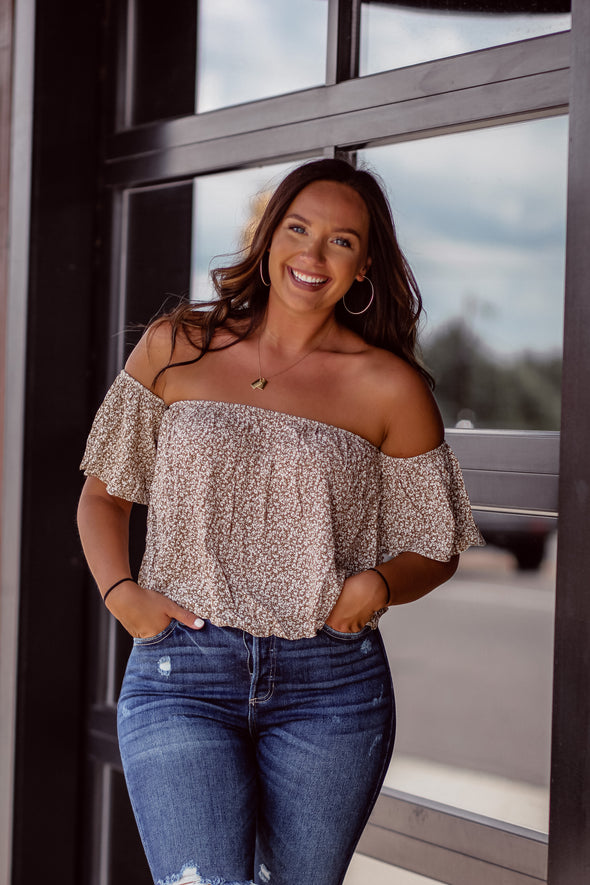 Taupe Ditsy Floral Off Shoulder Top