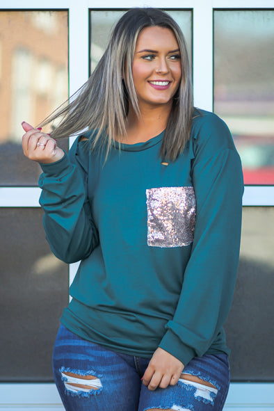 Hunter Green Distressed Sequin Pocket Top