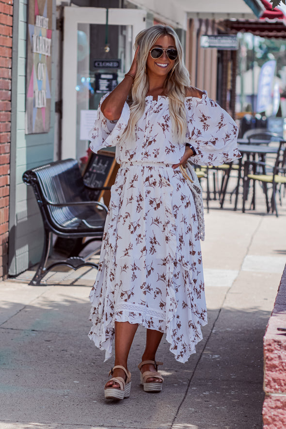 Ivory Floral Ruffle Hem Maxi Skirt