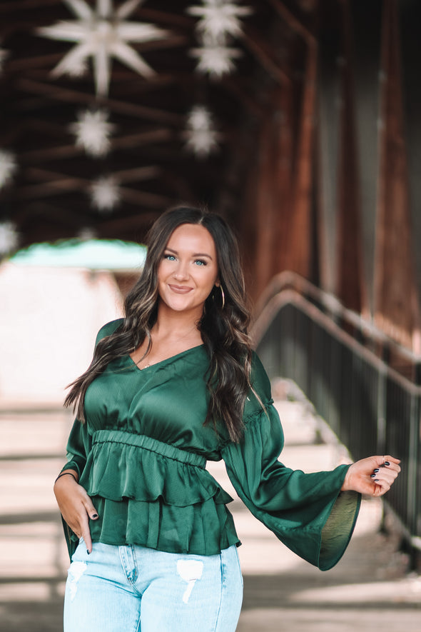 Hunter Green Tiered Peplum Blouse