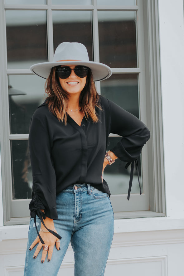 Black Tie Sleeve Button Down Blouse