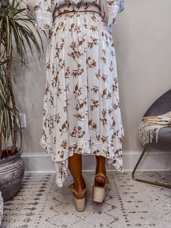 Ivory Floral Ruffle Hem Maxi Skirt