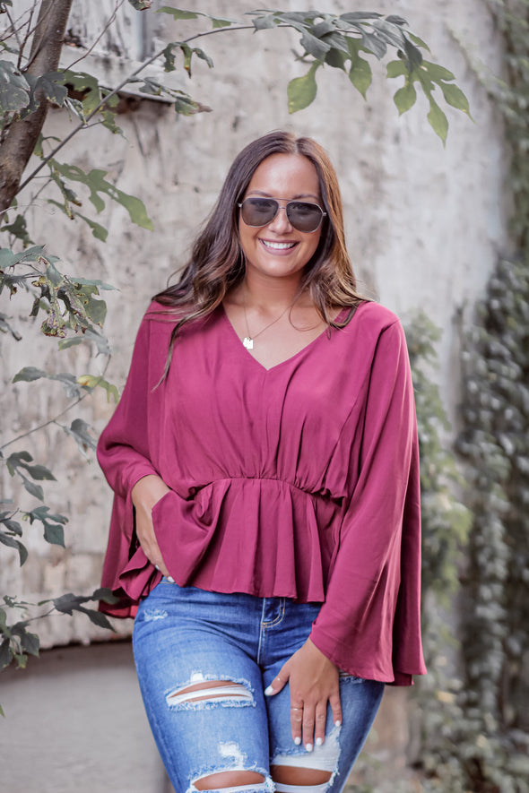 Wine V Neck Batwing Peplum Blouse