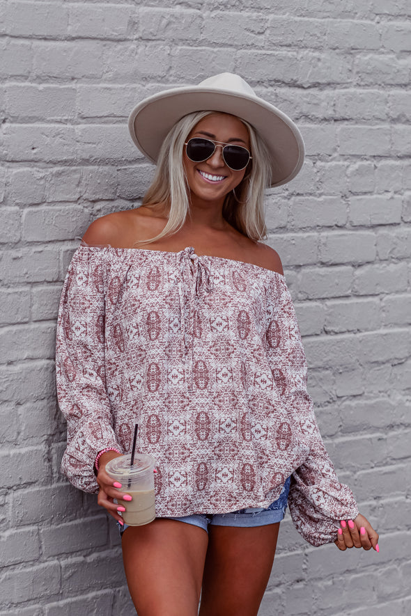 Brick Aztec Keyhole Off Shoulder Blouse