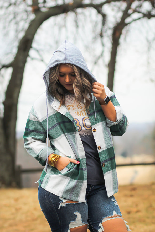 Hunter Green & Ivory Plaid Hooded Flannel