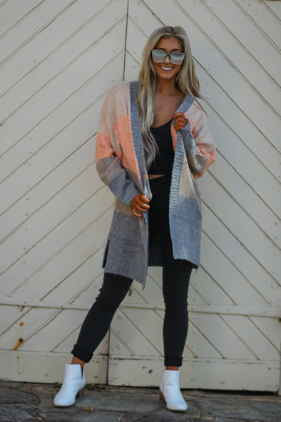 Heather Grey & Coral Colorblock Open Front Cardigan