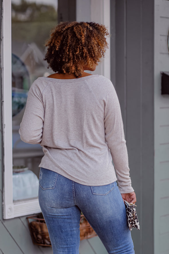 Oatmeal Contrast Knit V Neck Top