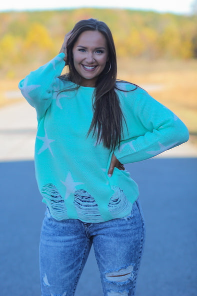 Mint Distressed Star Sweater