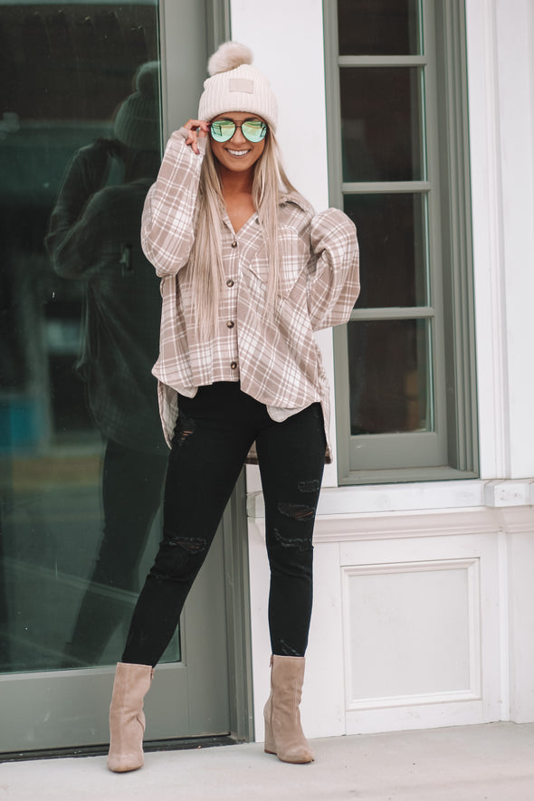 Taupe & Ivory Plaid Brushed Knit Flannel Top