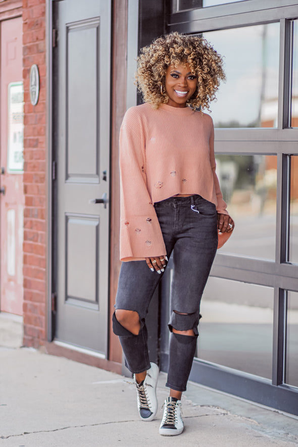 CLEARANCE STOREFRONT Peach Wide Sleeve Distressed Sweater Top