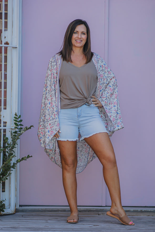 Cream Floral Print Kimono