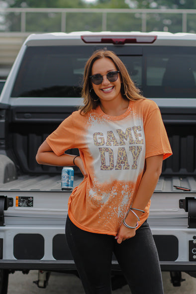 Orange Leopard Game Day Bleached Graphic Tee