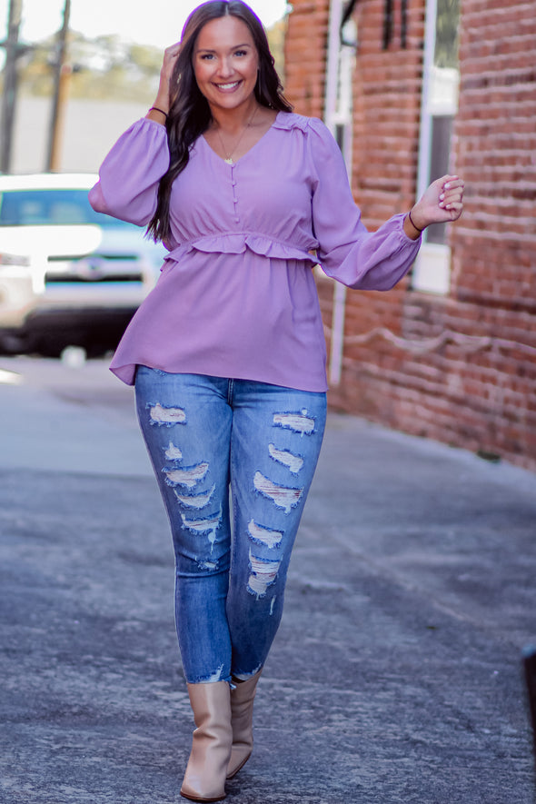 Lavender Button Down Ruffle Detail Blouse in Regular & Curvy