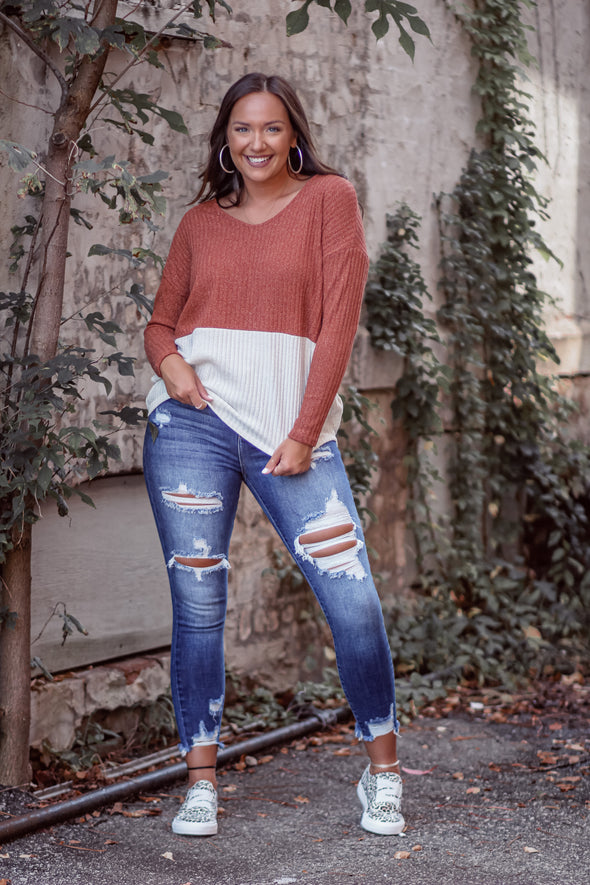 Rust & Ivory Colorblock Metallic V Neck Top