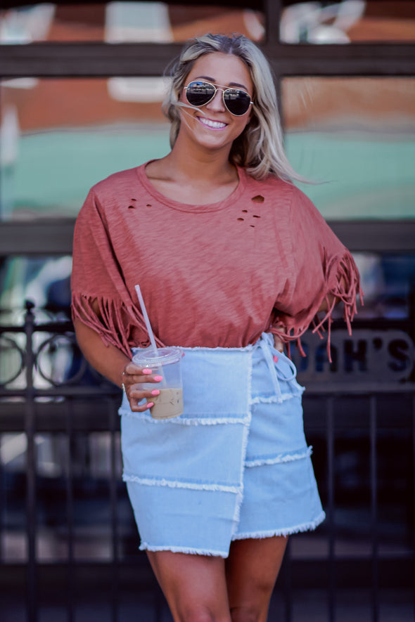 Rust Distressed Fringe Sleeve Blouse