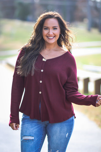 Wine Waffle Knit Button Detail Long Sleeve Top