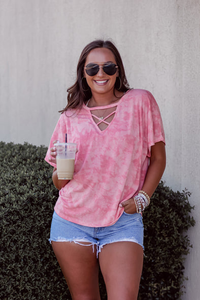 Coral Tie Dye Criss Cross Short Sleeve Top