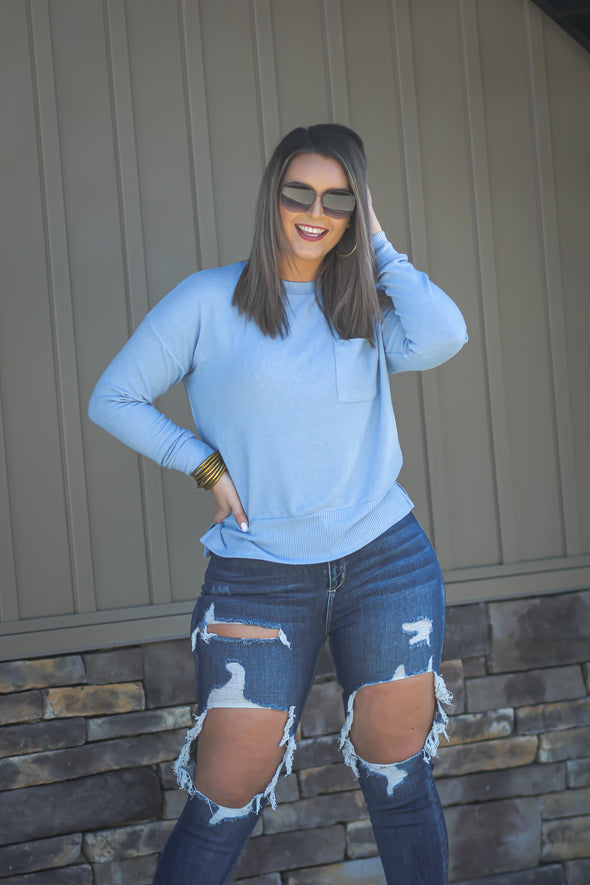 Slate Brushed Front Pocket Long Sleeve Top