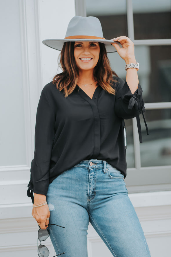 Black Tie Sleeve Button Down Blouse