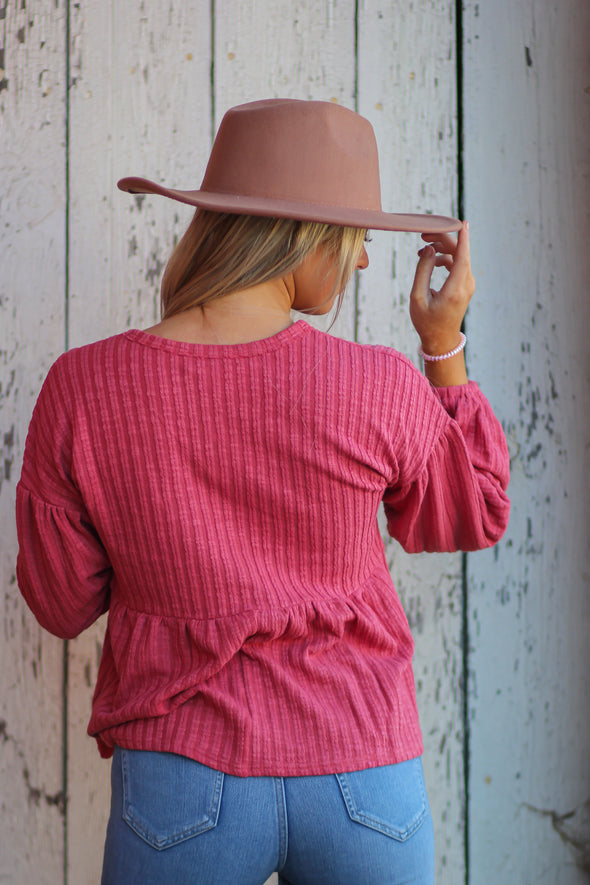 Bright Rose Ribbed Babydoll Top