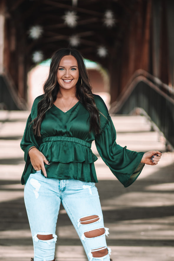 Hunter Green Tiered Peplum Blouse