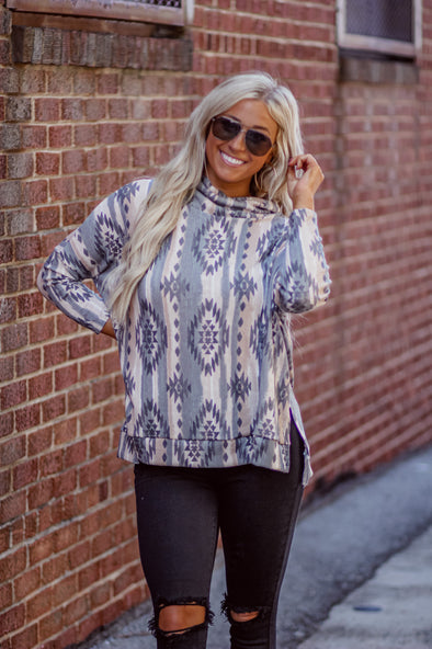 Charcoal & Taupe Aztec Cowl Neck Poncho Top