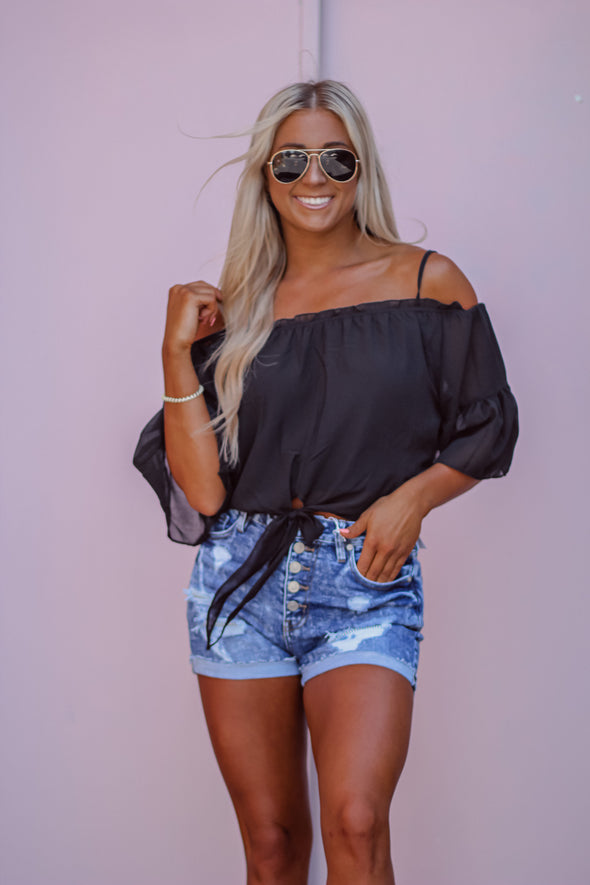 Black Woven Off Shoulder Tie Front Blouse