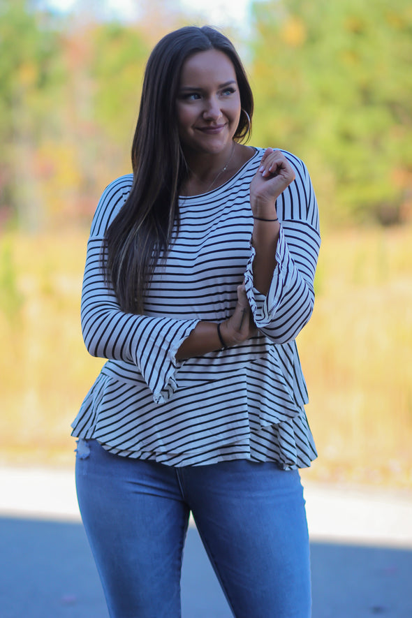 Ivory & Black Stripe Ruffle Hem Top