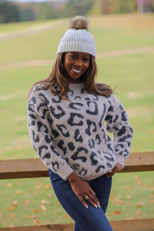 Oatmeal Leopard Open Back Eyelash Sweater