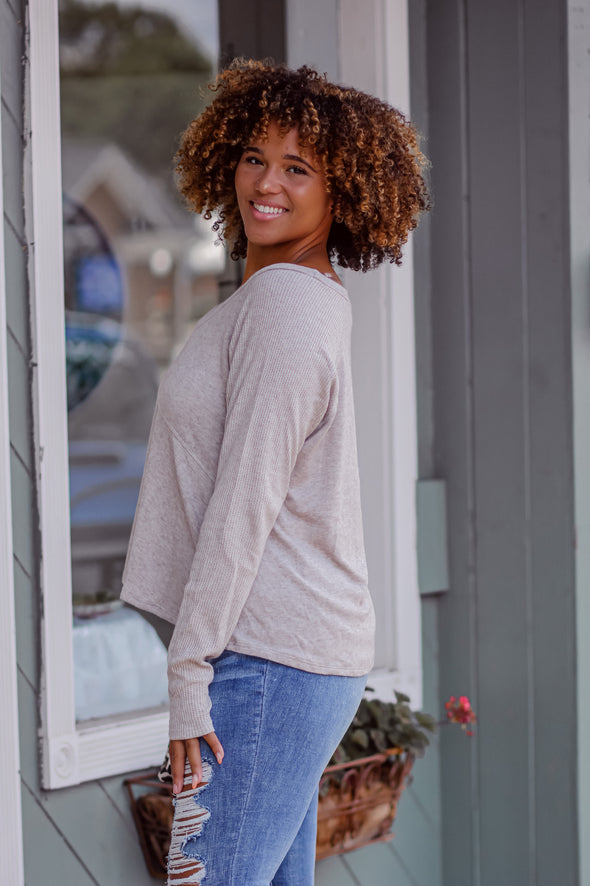 Oatmeal Contrast Knit V Neck Top