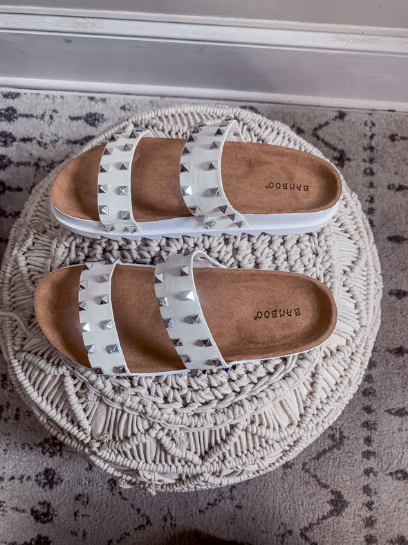 White Studded Double Strap Sandal