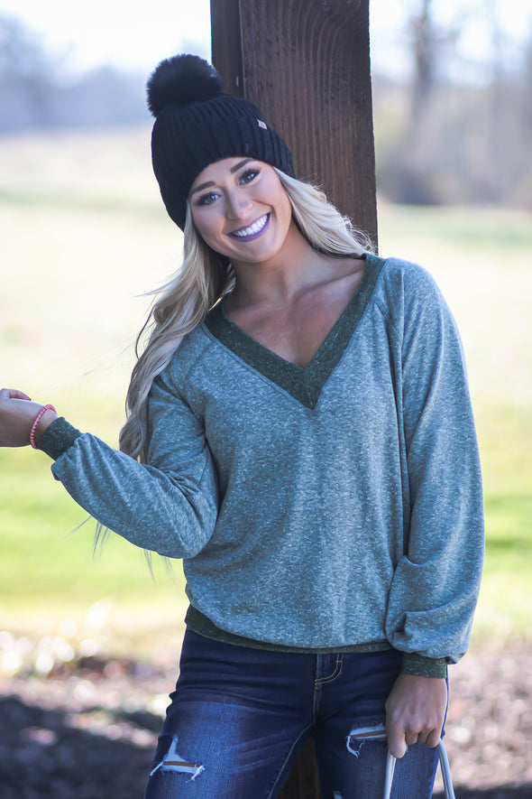 Olive Contrast V Neck Soft Knit Top