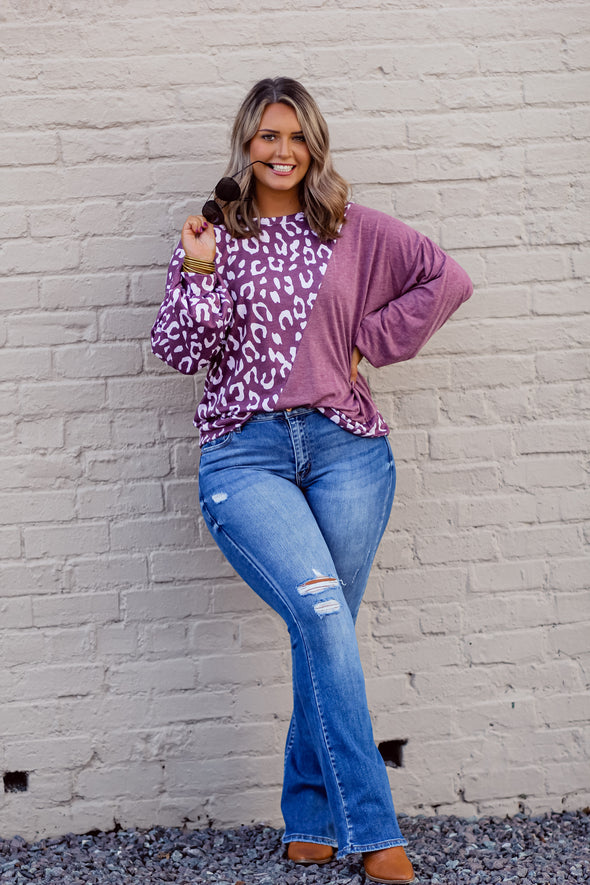 Sangria & Ivory Leopard Color Block Long Sleeve Top