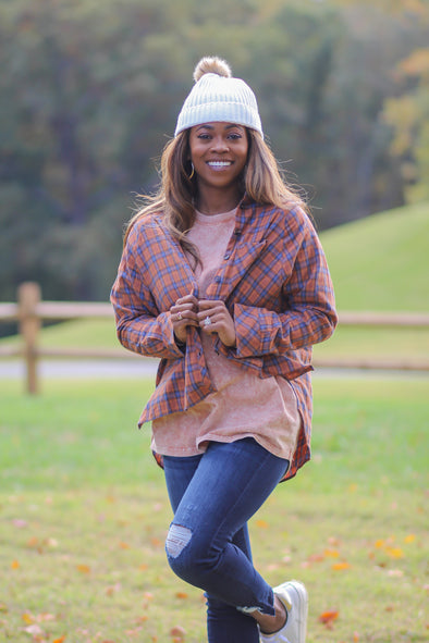 Camel & Blue Plaid Button Down Flannel Top