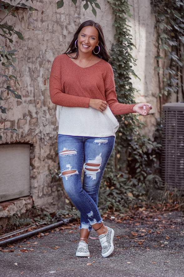 Rust & Ivory Colorblock Metallic V Neck Top