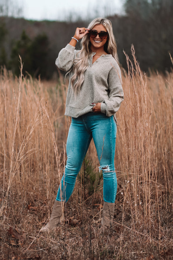 Olive Waffle Knit Henley Long Sleeve Top