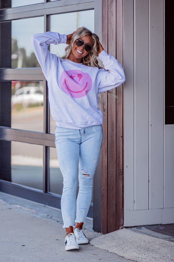 Heather Grey Smiley Graphic Crewneck Sweatshirt