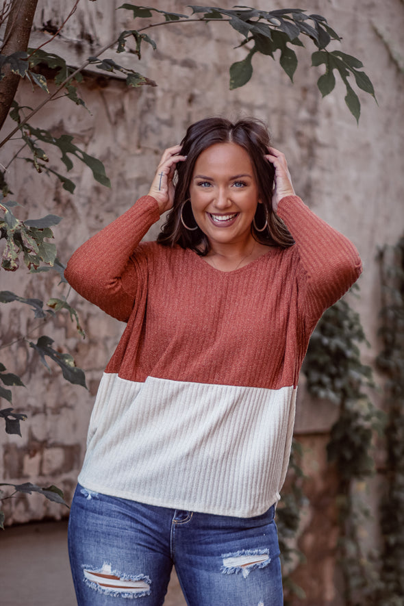 Rust & Ivory Colorblock Metallic V Neck Top