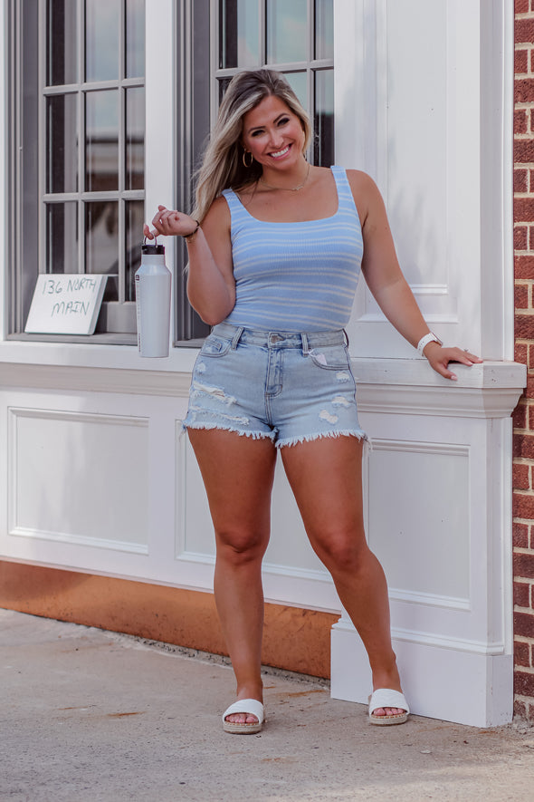 Blue & Ivory Striped Ribbed Bodysuit