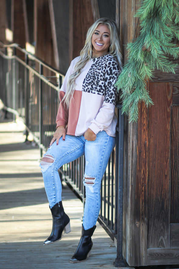 Blush & Leopard Colorblock Brushed Long Sleeve Top