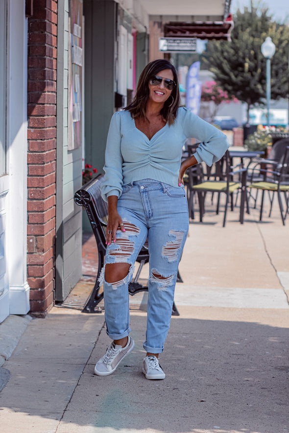 Light Blue Ruched Sweetheart Sweater