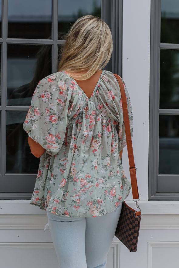 Sage Floral V Neck Kimono Sleeve Blouse