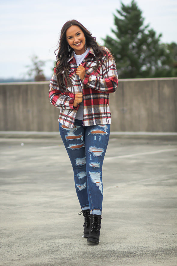 Red & Ivory Plaid Button Down Shacket