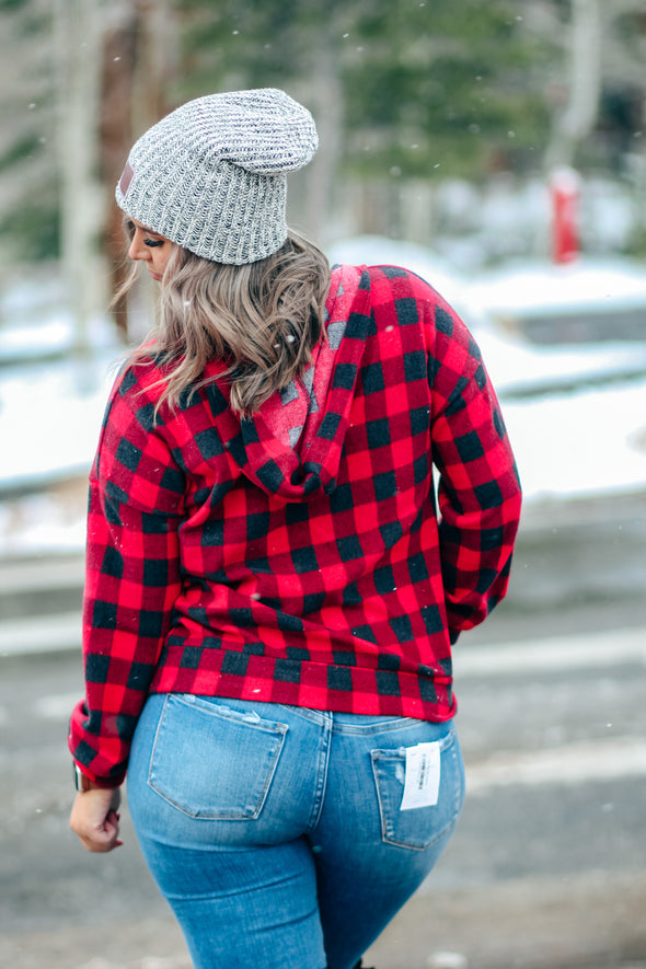 Red Buffalo Plaid Hacci Knit Hoodie Top